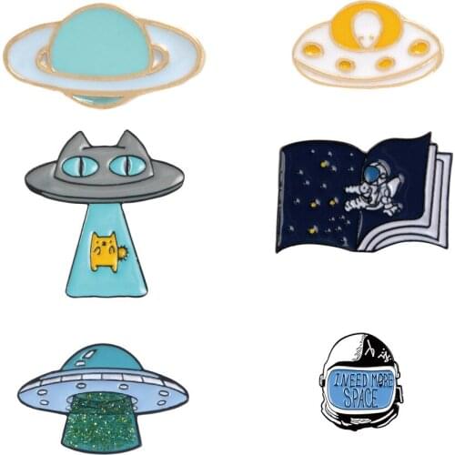Cat Astronaut Book Brooches Curious Fantasy Enamel Pins Bag Clothes Lapel Pins Space Universe Badges Kids Jewelry