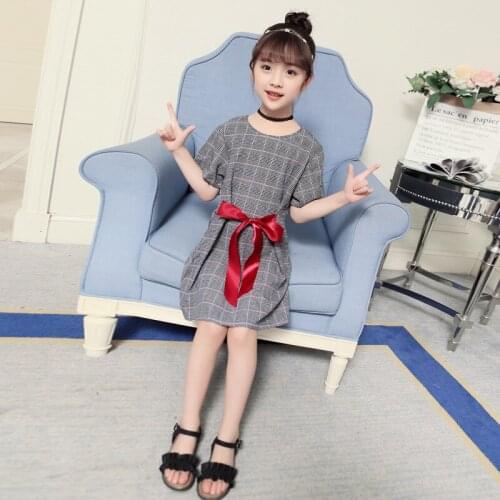 Girls Dress for Summer New Lattice Apron Half Sleeves Bow Tie Dress 3-12 Ages Short Sleeve Back Zipper Grid Clothes