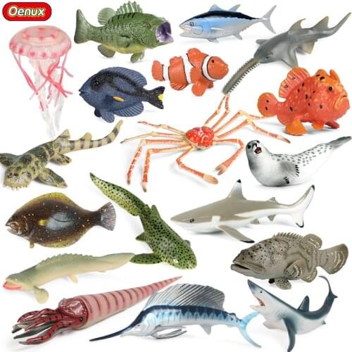 Oenux Ocean Marine Jellyfish Shark Seal Crab Clownfish Tuna Sea Life Animals Model Action Figures PVC Miniature Baby Shower Toy