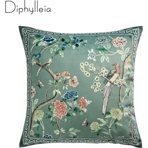 Diphylleia Classic Chinese Style Cushion Cover Flowers And Birds Print Velvet Square Pillow Case Asian Decorative Luxe Coussin