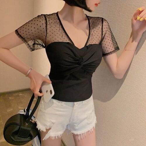 New arrival fashion black short tops women summer casual v-neck short sleeve sexy perspective temperament simple wild basic tops