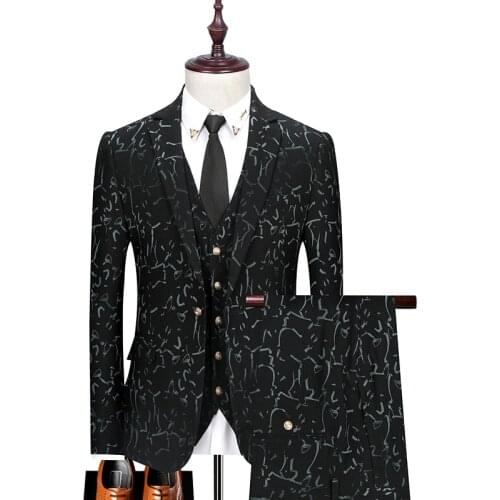 Jacket+Vest+Pants) Luxury high-end fashion printing mens business casual blue suit 3-piece suit groom wedding tuxedo