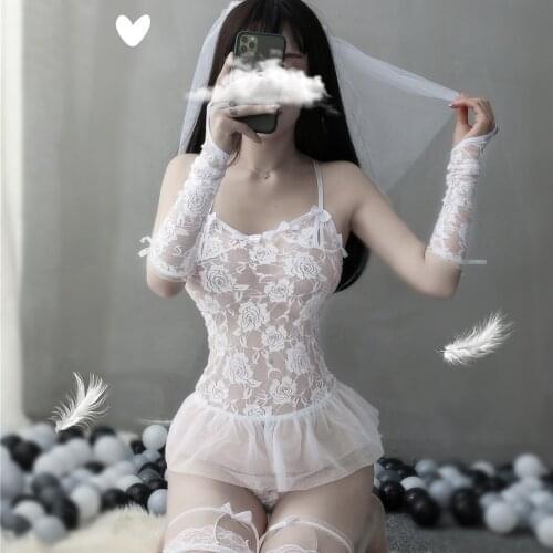 Sexy Lingerie Set Lace flower Transparent Uniform Allure Cat Girl Bride Cosplay Wedding Gown Bridal Veil Princess Skirt Jumpsuit