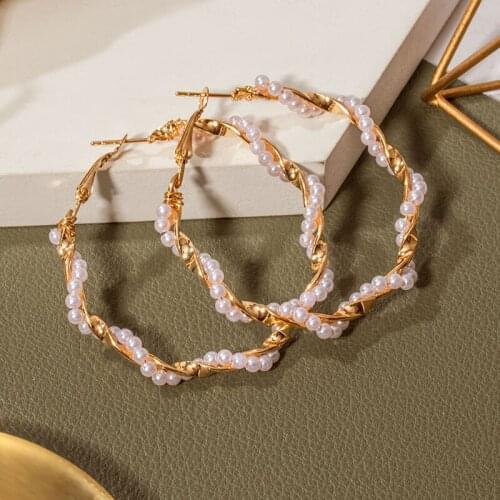 BICUX Pearl Hoop Earrings For Women Girls Unique Twisted Big Earrings Circle Earring Brincos Statement Lady 2020 Fashion Jewelry