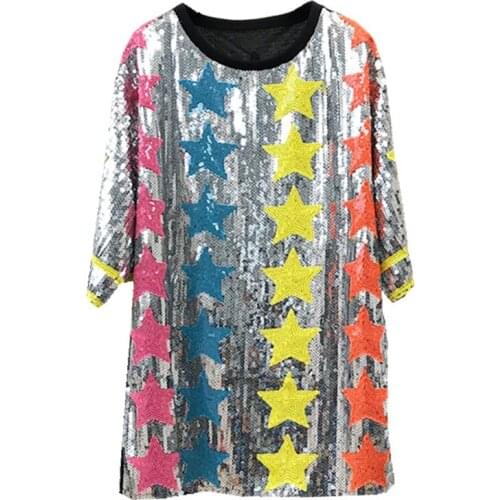 CHIC 2021 Spring Summer Hiphop Punk Colorful Stars Sequined Long T-shirt Women Loose Top T EuropeanDress Girls Bling Street Wear