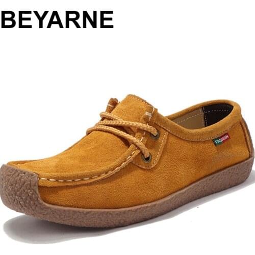 BEYARNE Brand Women Genuine Leather Flat Shoes Lace up Sneakers Autumn Oxford Shoes Female Loafers Casual Suede Flats Stitching