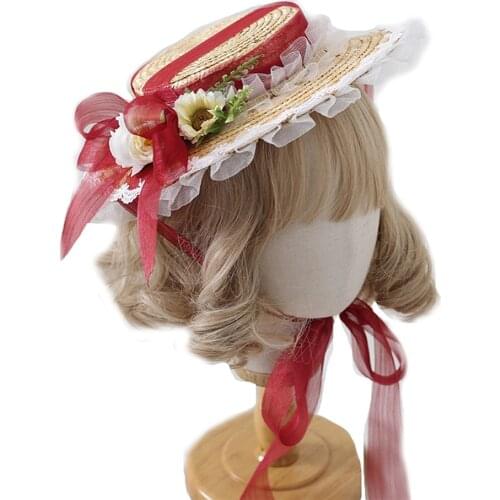 European Elegant Retro Lolita Straw Hat Mori Girl Bowknot Flower Sun Hat Cosplay Antiquity Tea Party Cap Hat