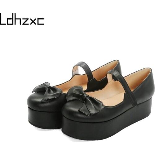 LDHZXC Hot Pink Pumps High Heels Platform Shoes for Women Buckle Bows Black Punk Gothic Princess Shoes Autumn Large Size 33-47