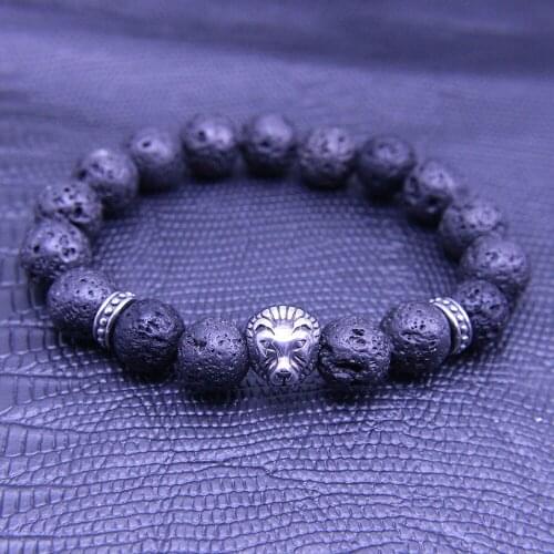Wonlee Winle 10mm Lava Stone Beaded Stretch Bracelets for Men&Women Stainless Steel Lion Head Charms Strand Bracelet Jewelry