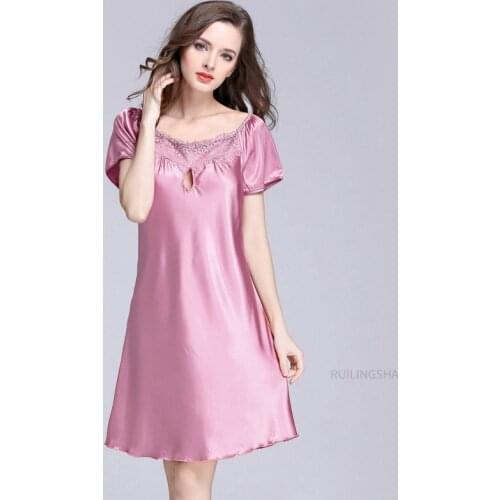 Women Spring Summer Satin Silk Nightgowns Sleepshirts Sexy Plus Size Round Neck Homewear Summer Lace Embroidery Famale Homewears