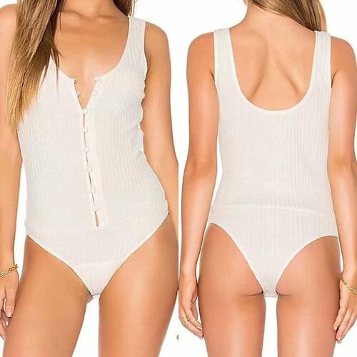 Ribbed Knitted Sexy Bodycon Bodysuits Women Sleeveless Slim Rompers Women Solid Button Basic Skinny Stretchy Playsuit Top Female