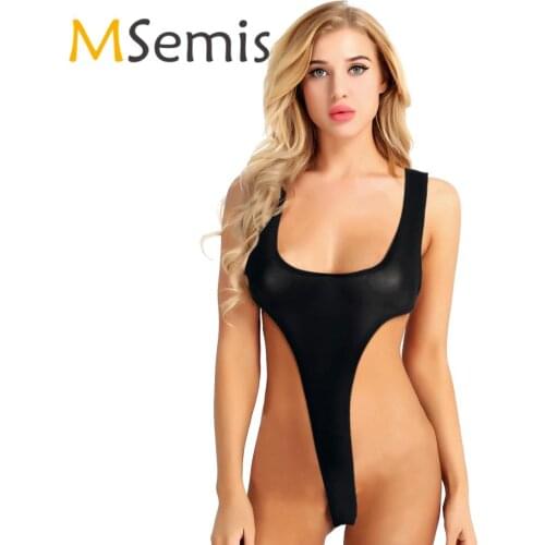 Womens Sheer Swimsuit Swimwear High Cut Thong Leotard Swimming Suit One Piece See Through Lingerie Deep Scoop Neck Bodysuit