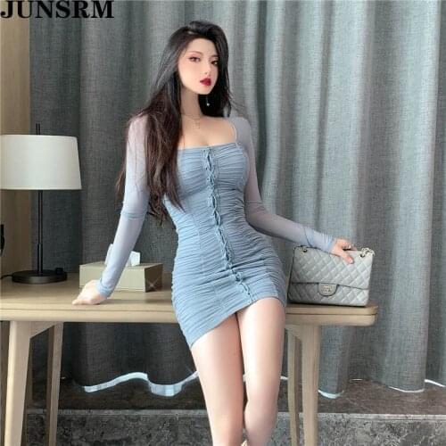 Retro Blue Package Hip Dress 2020 Spring And Autumn New Goddess Sexy Skinny Club Mini Dress Long Sleeve Sexy U-Neck Dresses