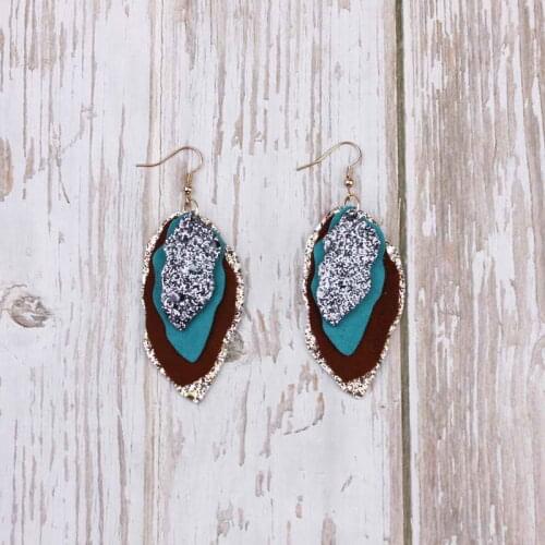ZWPON Stack Irregularity Oval Suede Leather Glitter Earrings for Women Fashion Layered Scalloped Genuine Leather Earrings