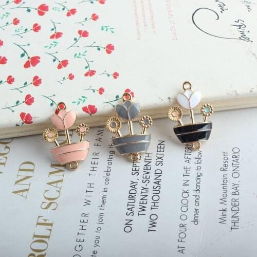 10pcs/lot Cute Two-hole Pendant Enamel Potted plants Flowers Charms For Necklace Bracelet Earring DIY Jewelry Findings XL1155