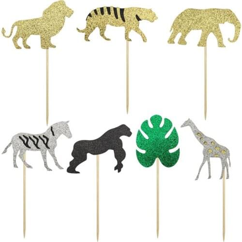 7Pcs Jungle Zebra Lion Happy Birthday Glitter Paper Cupcake Topper Birthday Decoration Baby Shower 1st Birthday Party Supplies