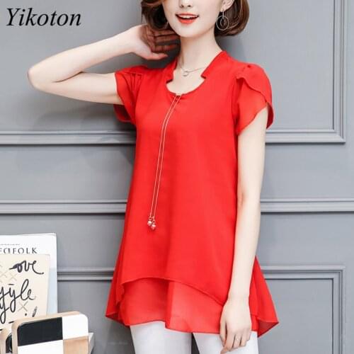 Blouse Loose Top Women Chiffon Shirts Petal Sleeve Large Size Mid-Length Summer Womens Clothes New Korean Shirt Ruffled Tops