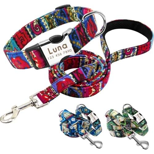 Custom Dog Collar Leash Set Personalized Pet Dog Tag Collar Engraved Nameplate ID Tags Collars Adjustable Nylon Puppy Leashes