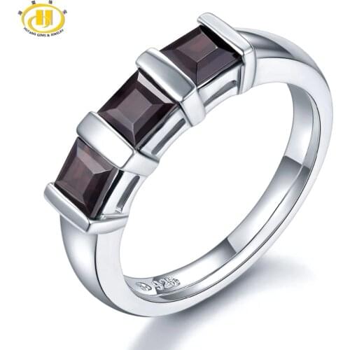 HUTANG 3-Stone Natural Black Garnet Solid 925 Sterling Silver Ring Gemstone Fine Stone Jewelry Womens Christmas Gift New