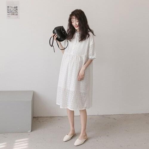 Summer New Maternity Hollow Dresses White Short Sleeve Dress Pregnancy Loose Elegant Dress Fashion Pregnant Women Button Clothes