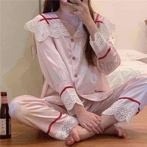Japanese Sweety Cute Lace Tracksuit Peter Pan Collar Loose Full Sleeve Tops Elastic Waist Pajamas Home Chiffon Two Piece Suit