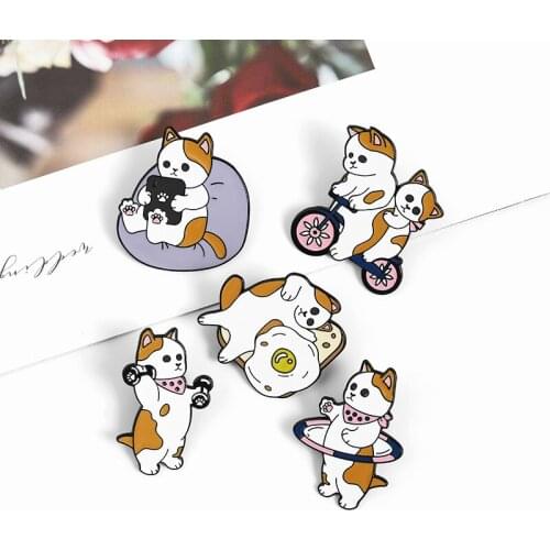 Cartoon Cats Enamel Pins Cat Egg Bike Dumbbells Hula Hoop Brooches Bag Lapel Pin Cartoon Cute Badges Jewelry for Kids Friends