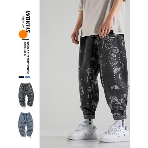 New Autumn Washed Jeans Men Elastic Waist Printed Denim Pants Fashion Street Loose Straight Cowboy Trousers Male Plus Size 5XL