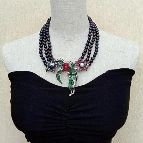 YYGEM Gunmetal color gold plated cz pave flower pendnat 3 Strands Cultured Black Pearl Statement Necklace 18"