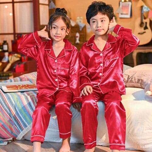 Kids Pyjamas Satin Childrens Button-Down Spring Autumn Long Sleeve Girls Sleepwear Set Boys Silk Pajamas Suit for Kid Homewear