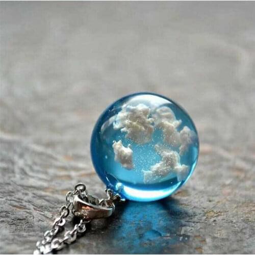 Popular Blue White Clouds Glass Terrarium Sky Ball Resin Necklace Pendant Gift