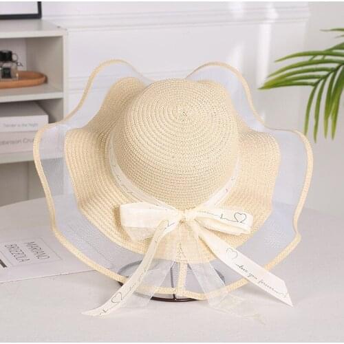 Womens Big Bowknot Straw Hat Large Floppy Disk Foldable Roll Up Beach Hat Sun Hat Elegant Straw Hat with Mesh Edge