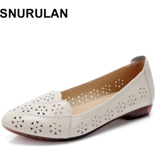 SNURULANFashion Genuine Leather Pointed Toe Flats Women Summer Shoes Breathable Low Heel Hollow Out Slip On Womens Shoes