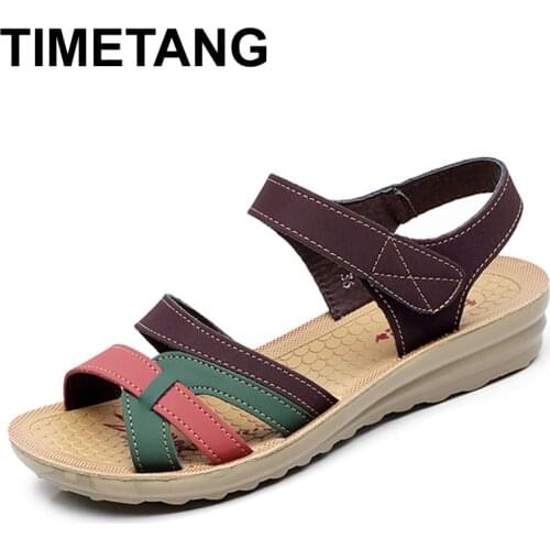TIMETANG Mother sandals soft leather large size flat sandals summer casual comfortable non - slip in the elderly women 's shoes