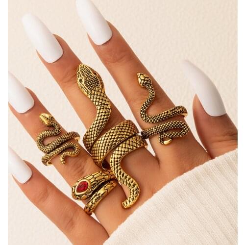 Tocona 4pcs/sets Vintage Silver Snake Ring Sets for Women Clear Red Rhinestone Opening Ring Party Jewelry Accessories 19727