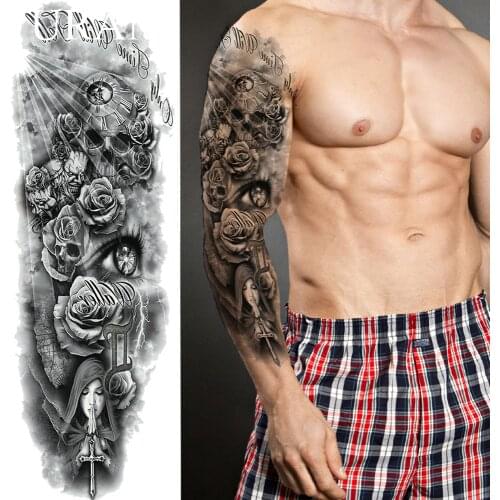 Long Lasting Black Pray Nun Temporary Tattoo Stickers Men Full Arm Waterproof Tatto Women Shoulder Fake Tattoo Body Art Painting