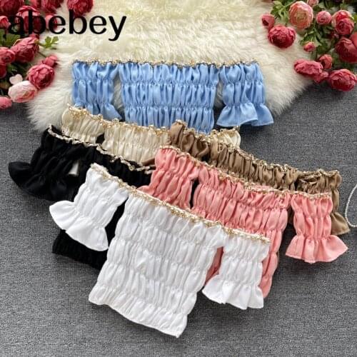 Women Solid Blouse Korean Short Sleeve Slash Neck Casual Tops Summer Sexy Off Shoulder Bohemian Blouses