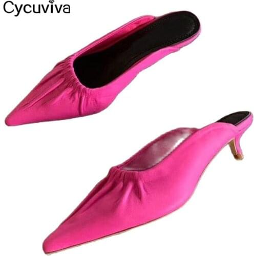 2021 Women Sandals Kitten Heel Pointed Toe Leather Slides Summer Ladies Mules High Heel Brand Runway Party Dress Shoes Woman