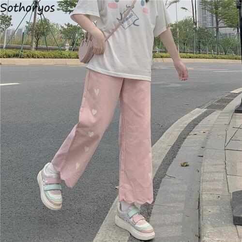 Heart Print Pink Casual Pants Women Sweet Cute Baggy Straight Trousers Preppy Style Tender Girlish Popular Ankle-length Basic