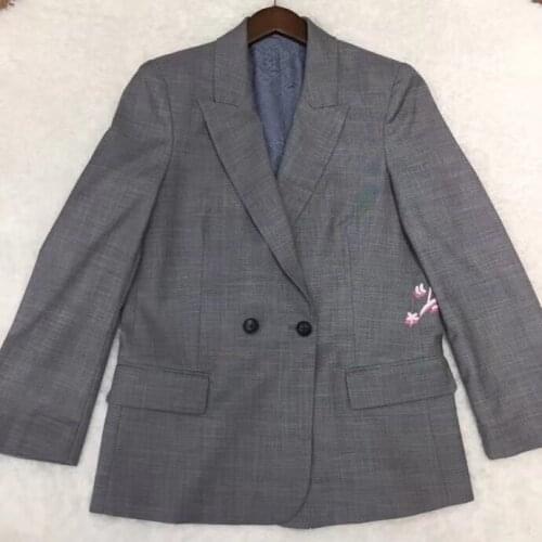 Check Blazer back Letters Stars Embroidered Lapel Collar Single Button Flap Pockets Woman Viscose Suit