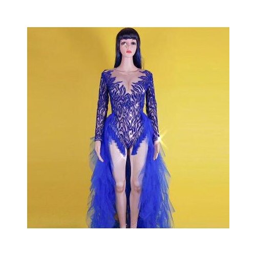 2019 New design Blue Black Stretch Dance Costumes Female Singer Dancer Mesh Tail Outfit Womens Nightclub Performance