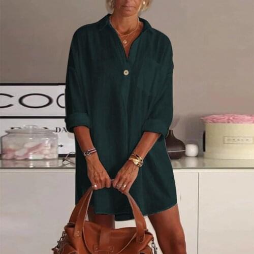 Elegant Loose Shirt Dresses Women V Neck Pocket Knee-length Linen Dress Boho Casual Loose Party Dress With Buttons Robe Femme