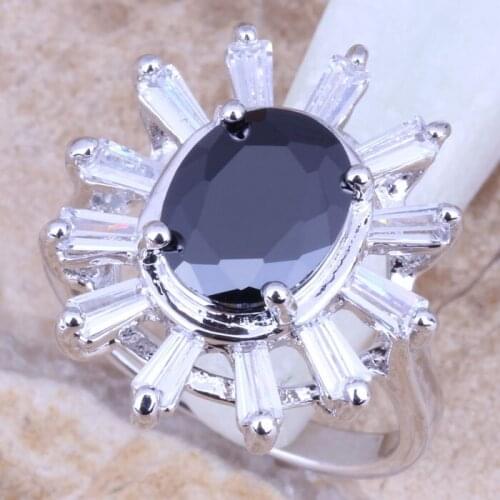 Flawless Black Cubic Zirconia White CZ Silver Plated Womens Ring Size 6 / 7 / 8 / 9 R1068