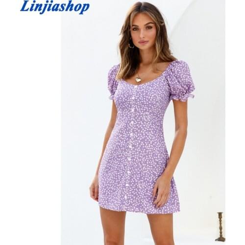 France White Daisy Print Purple Vestido Vintage Center Buttons Summer Dresses Fashion Short Sleeve Lining Women Mini Dress