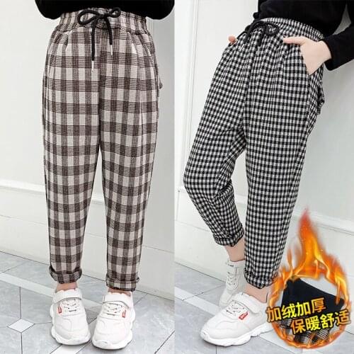 3-14 Years Girls Pants 2021 New Winter Plaid Pants Fleece Thick Casual Retro Kids Harem Pants School Children Trousers