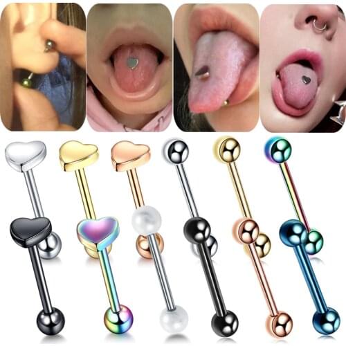 1PC Steel Heart&Ball Tongue Barbell Rings Langue Bar Tongue Piercing Sexy Nipple Ring Helix Earring Piercings Body Jewelry 14G