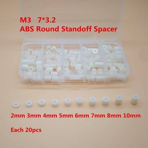140pcs/lot M3*L(L=2/3/4/5/6/7/8/10mm ) ABS Nylon Round Standoff Spacer, PCB board spacer OD(7MM) X ID(3.2mm)*L
