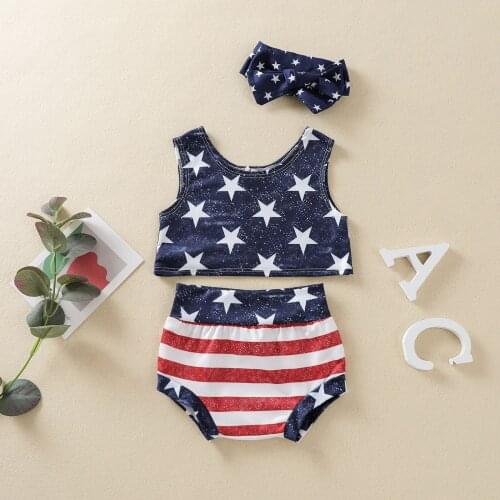 2021 independence Day Infant Girls Clothes Sets 3pcs Star Stripe Printed Sleeveless Tops Shorts Headband Baby Summer Clothing