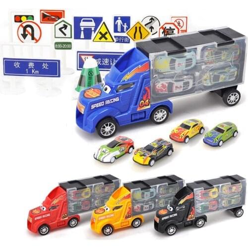 33Pcs (28Pc Road Sign + 4Pc Car +1Pc Big Truck) Diecast Model Car for Children Christmas Gifts Cars Toys Vehicles