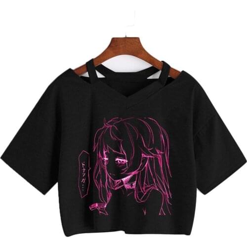 Anime sketch grunge print Tee Summer Women T-shirt Gothic Punk cropped Tee Casual Vintage Short sleeve Crop Tops Harajuku shirt