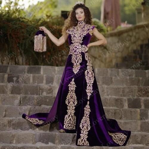 Purple Arabic Mermaid Velvet Evening Dress 4 Pieces Overskirt Split Applique Lace Prom Gowns High Neck Tassel Algerian Outfit